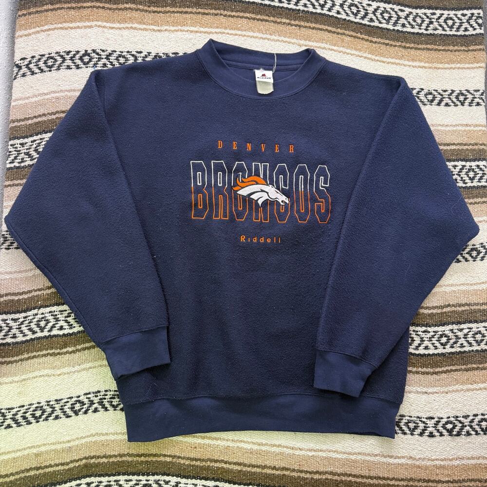 Vintage 90's Riddell Denver Broncos Navy Blue Fleece Crewneck Sweatshirt Sz XL